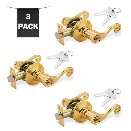 Decorative Entry Door Lever Lock Set Set Of 3  Keyed Alike  Polished Brass  3pk