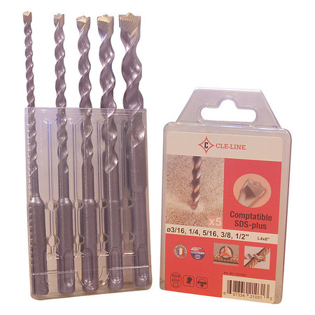 5pc Sds-plus 2-flute Carbide-tipped Masonry Drill Set Cle 1821 Hss 3/16 1/4 5/16 3/8 1/2x6in