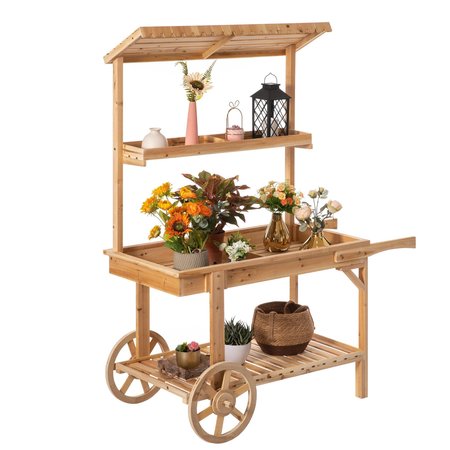 Solid Wood Decor Display Rack Cart Wood Plant Stands  2 Wheeled Wood Wagon With Shelves